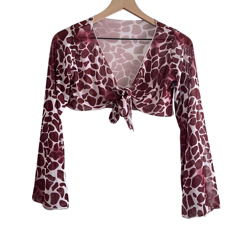 Giraffe Print Sheer Mesh Tie Front Crop Top Size M Long Flare Sleeves Y2K